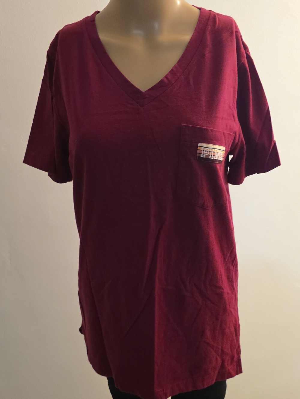 PINK Victoria's Secret Pocket Tee - Maroon with Multi-Stripe Patch